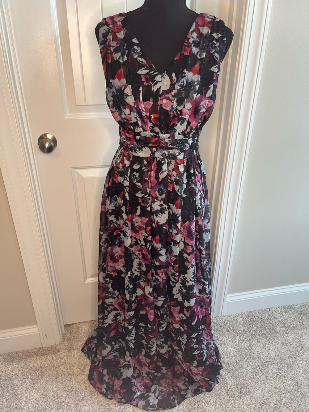 alex & eve Black Maxi Dress with Pink & Grey Floral Print with Gold Accents